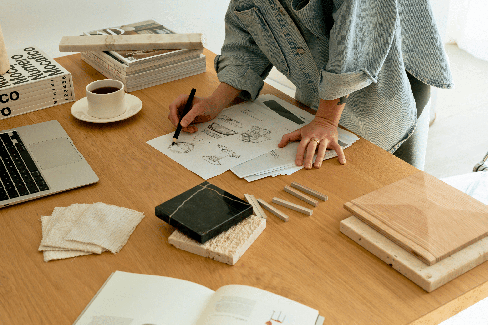 Croquis, planche de travail design gourmand avec matières et textures