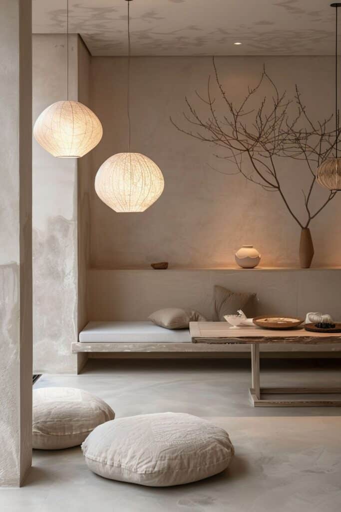 Espace lounge professionnel aux matières naturelles et formes douces, pensé pour le repos et le bien-être.
