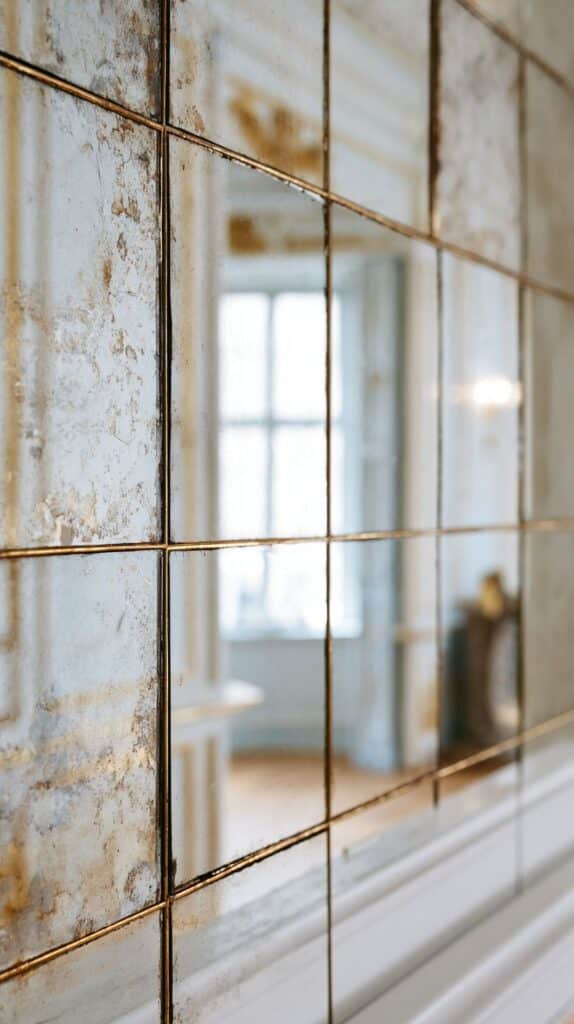 Miroir ancien reflet d'un espace professionnel, mêlant matière, lumière et authenticité.