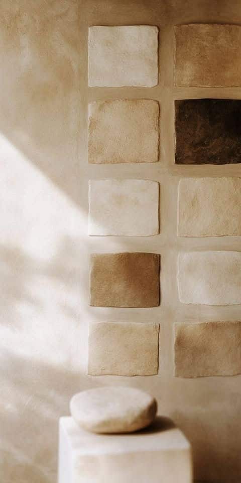 Mur en pierre naturelle claire, baigné de lumière, renforçant la sensation d’apaisement dans un espace professionnel.