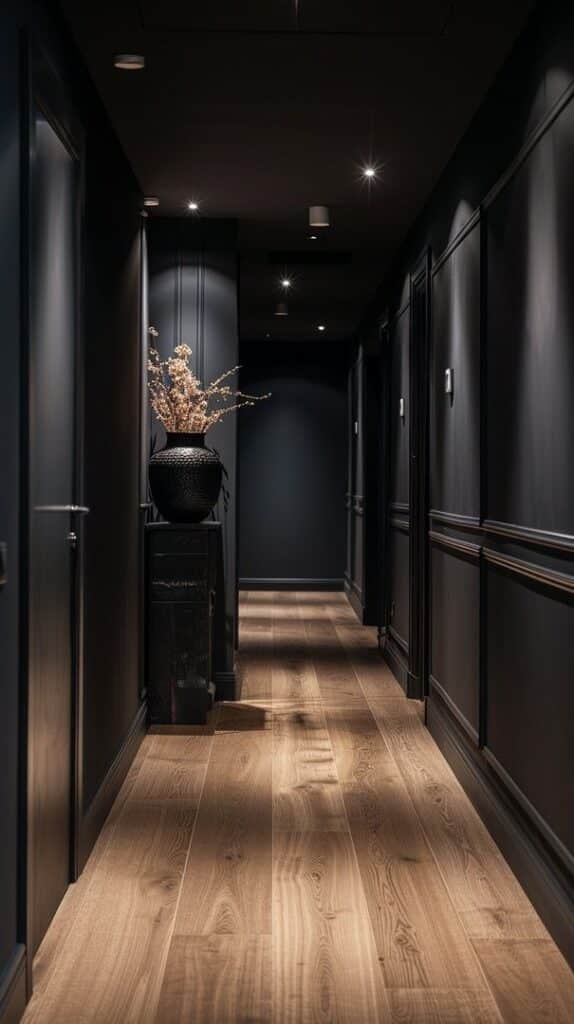 Couloir d’espace professionnel avec sol en bois et éclairage tamisé, créant une ambiance calme et enveloppante.