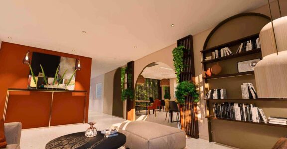 Projet de direction artistique et scénographie d'un espace professionnel avec arches, matériaux naturels, mobilier sur mesure et ambiance chaleureuse.